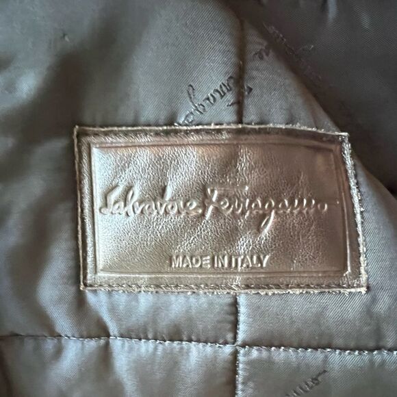 SALVATORE FERRAGAMO Navy Quilted Jacket Coat, Black Leather Collar - Picture 3 of 4